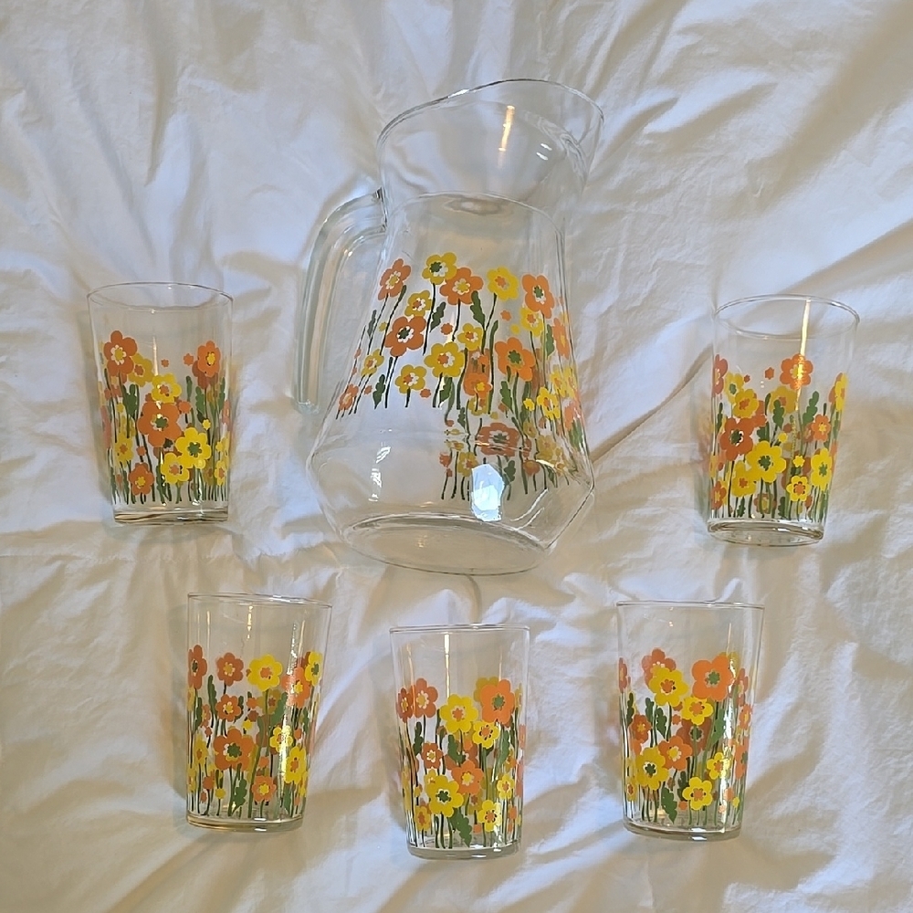 Floral Glass Pitcher and Tumblers Set
